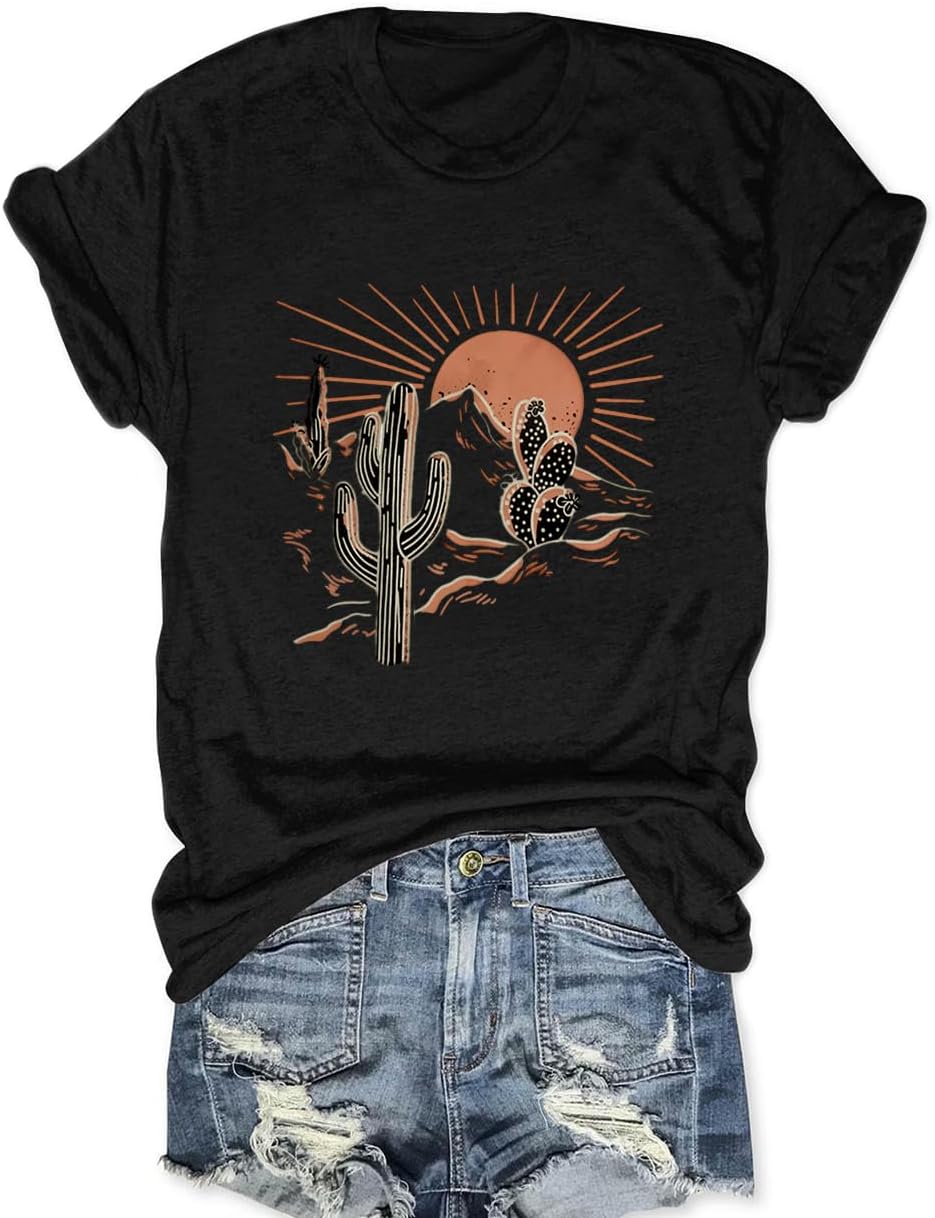 Women Adventure Shirts Western Retro Sunrise Desert T Shirt Funny Summer Climbing Short Sleeve Tee Tops