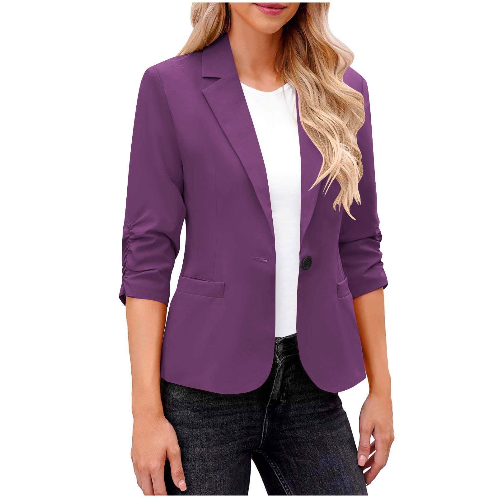 Womens Blazer Ruched 3 4 Sleeve Blazers Lightweight Slim Fit Jackets with Padded Shoulder for Business Casual Work