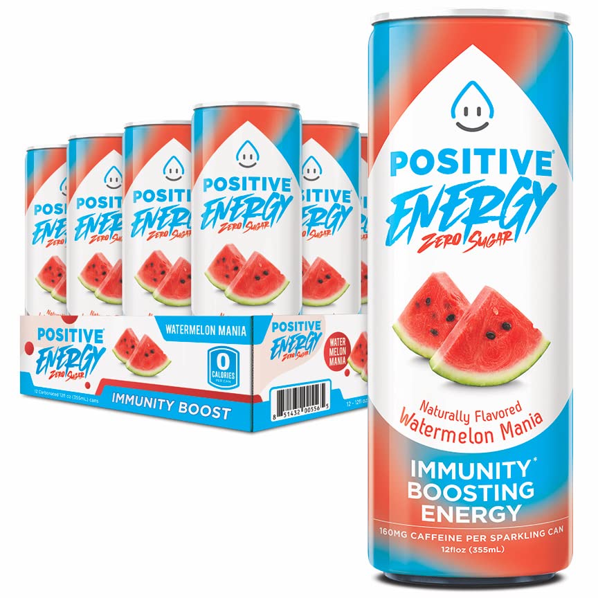 Positive Energy Beverage | 12-oz Can, Pack of 12 | Watermelon Mania | Zero Sugar Energy Drink, Immunity and Hydration Support