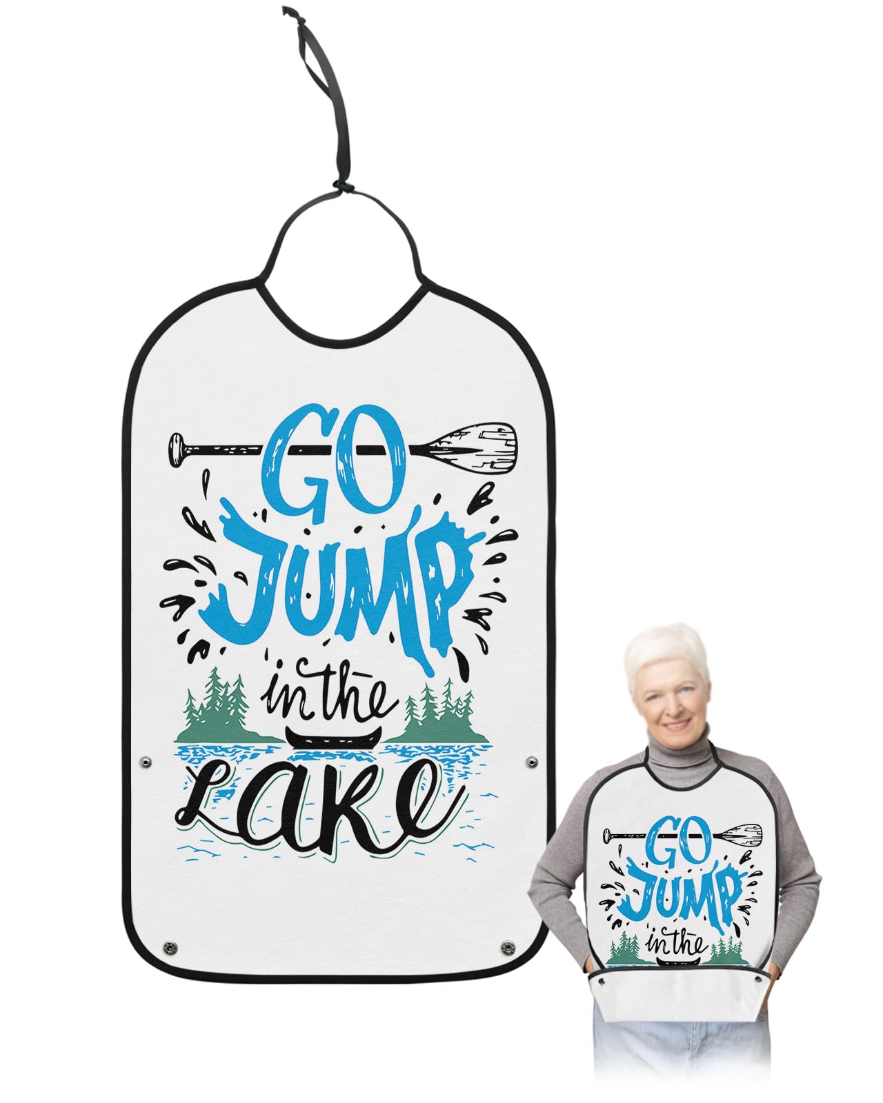 LEOKOTI Summer Lake Adult Bibs for Eating, Waterproof Bibs with Food Catcher & Adjustable Snap Closure, Paddle Teal Bush Blue Art Words Washable Clothing Protectors Adult Bibs for Elderly Women/Men