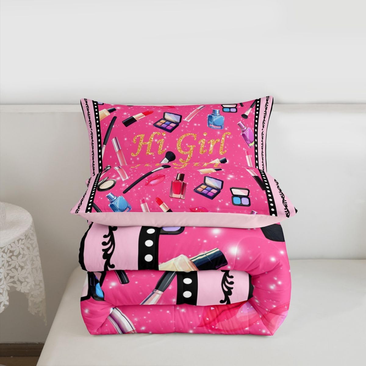 Castle Fairy Girls Women Cosmetic Comforter Full for Girls Women,Fashion Girl Lipstick Lip Quilt Comforter with 2 Pillowcases,Makeup Lipstick Diva Pink Print Bedding Set for Bedroom Living Room