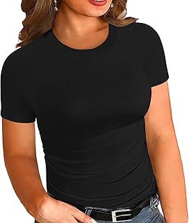 Women's Plus Size Tops Crew Neck Ribbed T Shirt Slim Fitted Basic Short ...