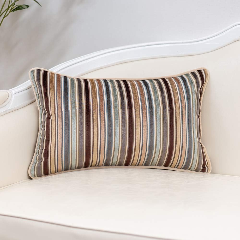 Yangest Brown Striped Throw Pillow Cover Multicolor Velvet Cushion Cover Zippered Rectangular Pillowcase for Sofa Couch Bedroom Living Room Home Decoration, 12x20 Inch