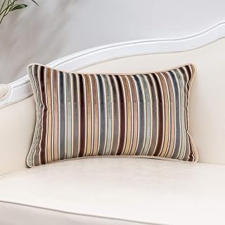 Yangest Coffee Brown Striped Velvet Lumbar Throw Pillow Cover Multicolor Textured Boho Cushion Case Modern Neutral Rectangular Pillowcase for Sofa Couch Bedroom Living Room Home Decoration, 12x20 Inch