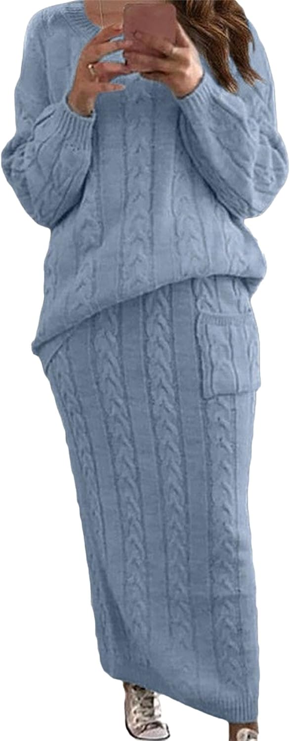 Womens 2 Piece Rib Knit Long Sleeve Skirt Sets Crop Top Maxi Bodycon Long Skirt Outfit Winter Cable Knit Sweater Set