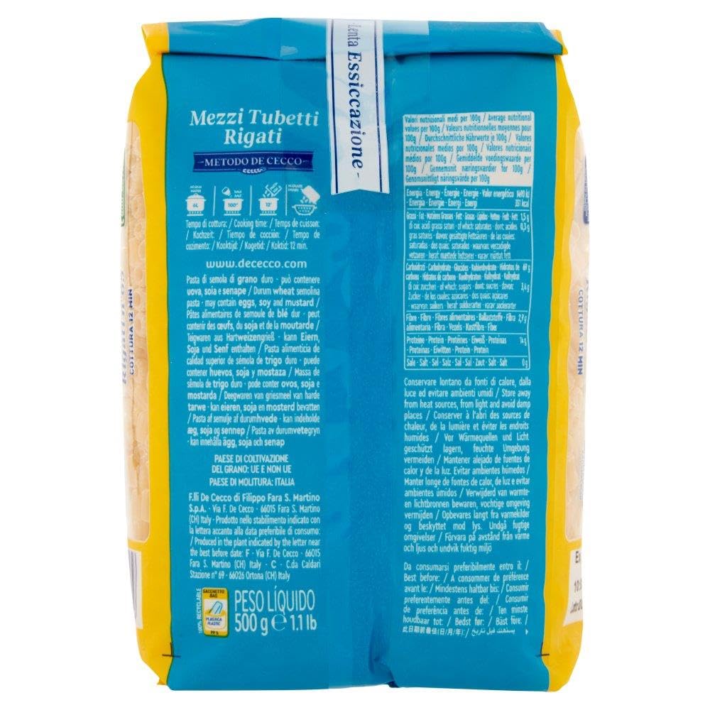 De Cecco Pasta Mezzi Tubetti Rigati Nº 65, 100% pasta italiana, paquete de 500 g + llavero Beni Culinari gratuito