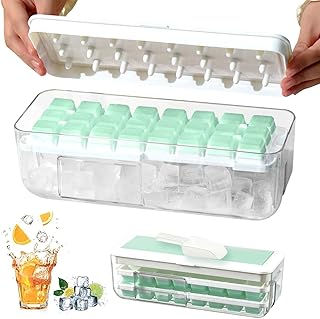 Ice Cube Tray with Lid and Bin for Freezer Upgraded Version,Press Type Easy Release 48pcs Ice Cube Tray Mold with Stackable 2 Trays,Ice Container and Scoop, Silicone Ice Trays for Chilling Whiskey, Cocktail…