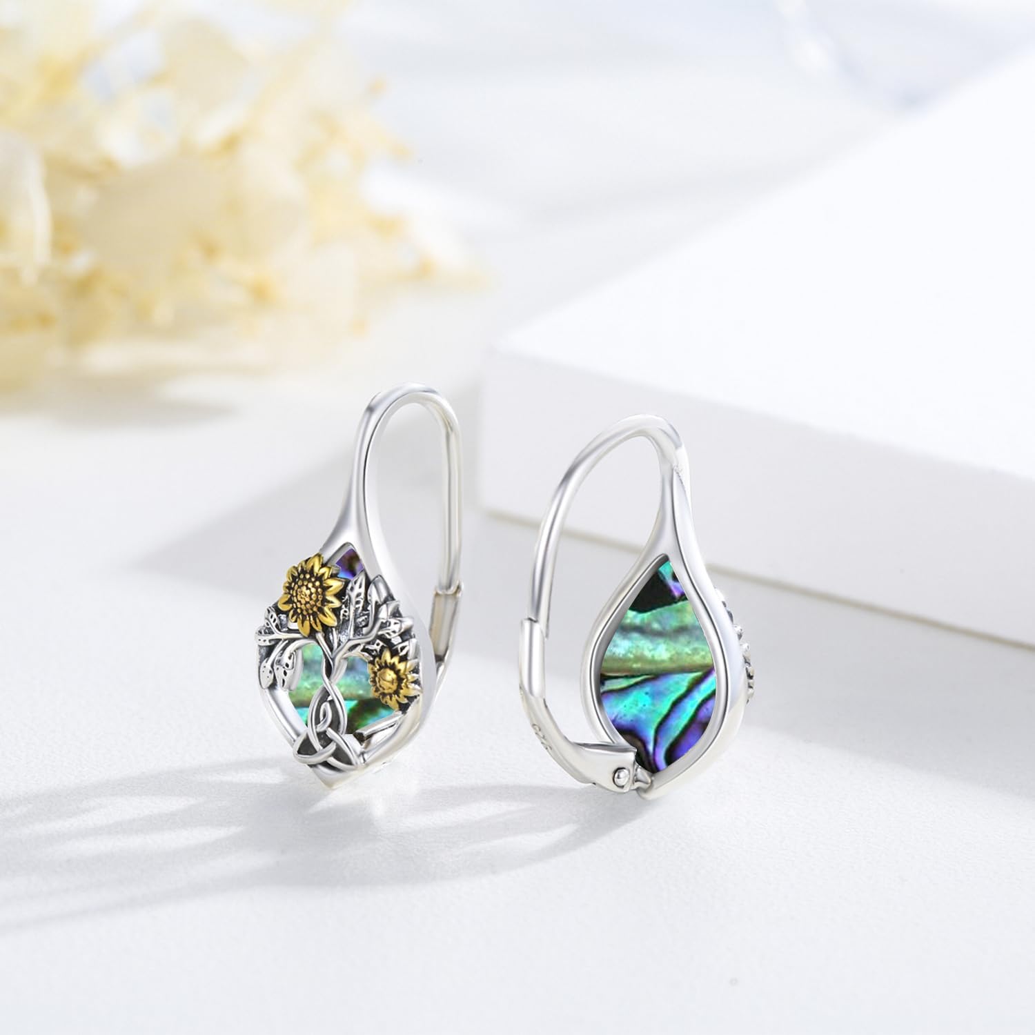 Sunflower Earrings 925 Sterling Silver Sunflower Abalone Shell Earrings Tree of Life Leverback Earrings Jewelry Gifts for Women - Image 2
