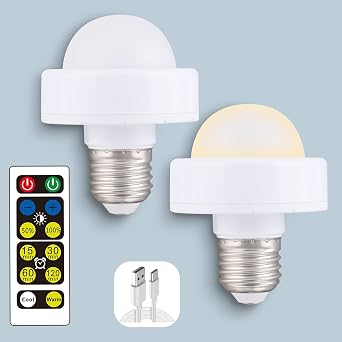 KEFA Rechargeable LED Bulb with Remote Control Dimmer Bulb, USB Interface Energy Saving Bulb for E26 Sockets, Battery Powered Bulb USB Cable for Non-HardwiredSet of 2