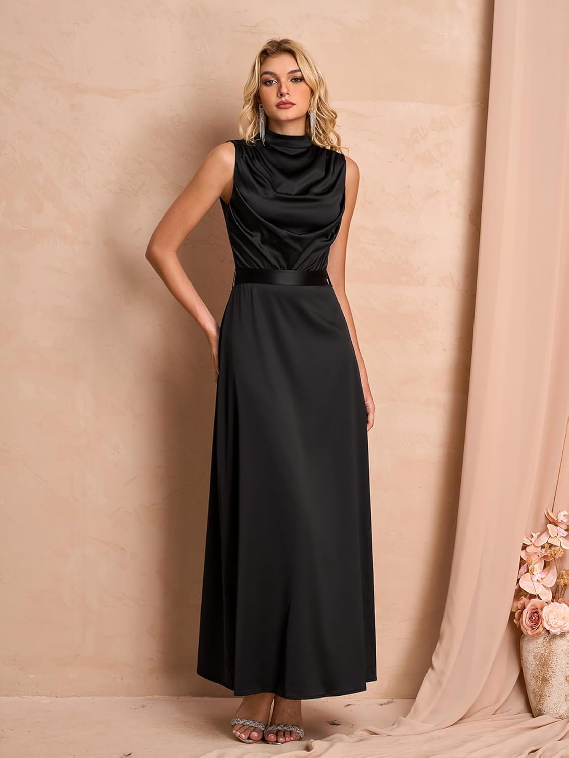 Women Satin Formal Long Dress Elegant Mock Neck Ruched Cocktail Wedding Guest Party Maxi Dress with Belt - Image 2