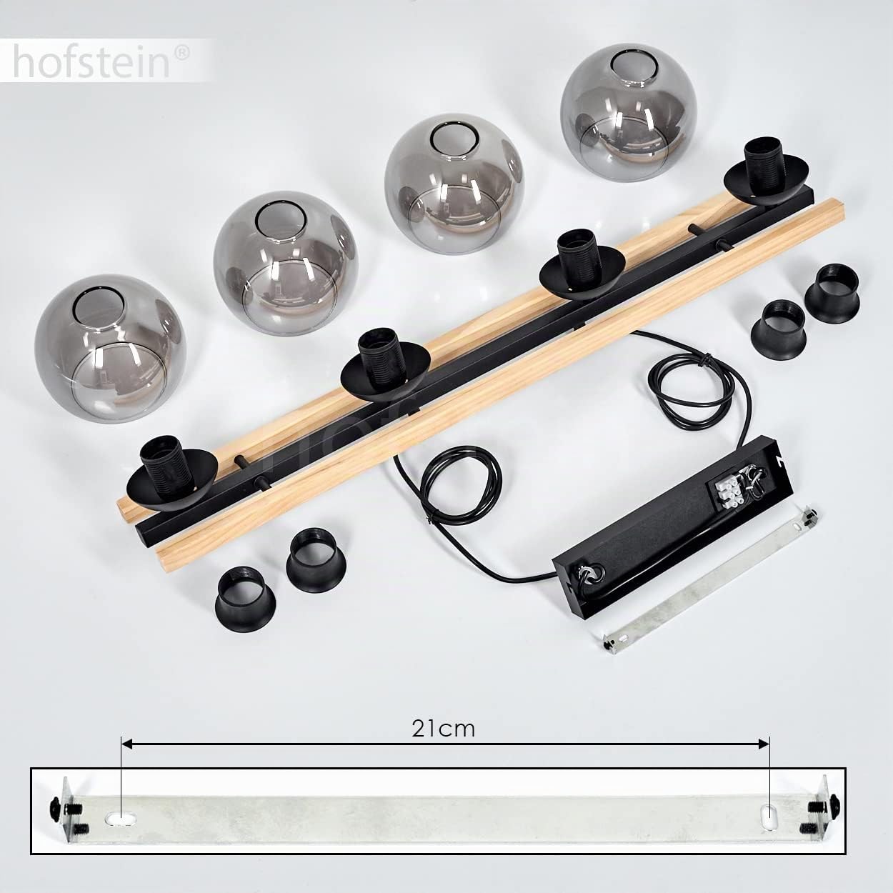 Lampada a sospensione Podre, lampada moderna in metallo/legno/vetro in colore nero/natura/fumo, 4 luci, con paralume in vetro reale (15 cm) e asta in legno, altezza massima 129cm, E27, senza lampadine