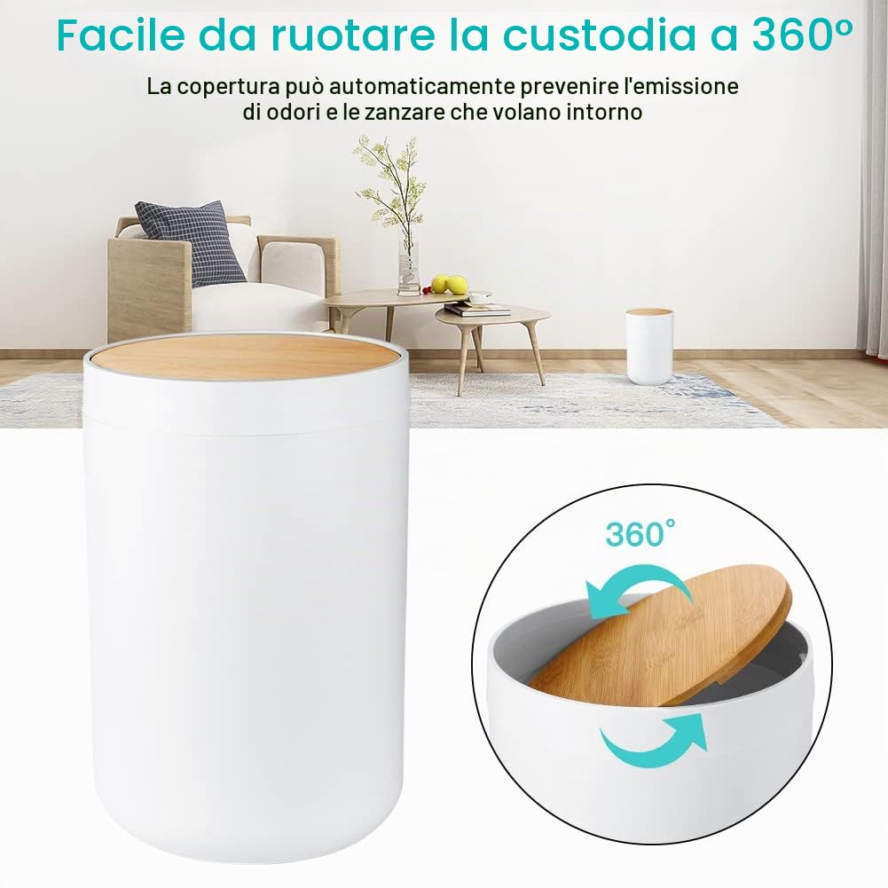 JOTOM Set di 7 Accessori da Bagno in Bambù Accessori in Plastica di Lusso Portacotton Fioc Portaspazzolino Bicchiere Scopino WC Portasapone Cestino Spazzatura Dispenser Regalo Bagno (Bianco) (JQJT1009