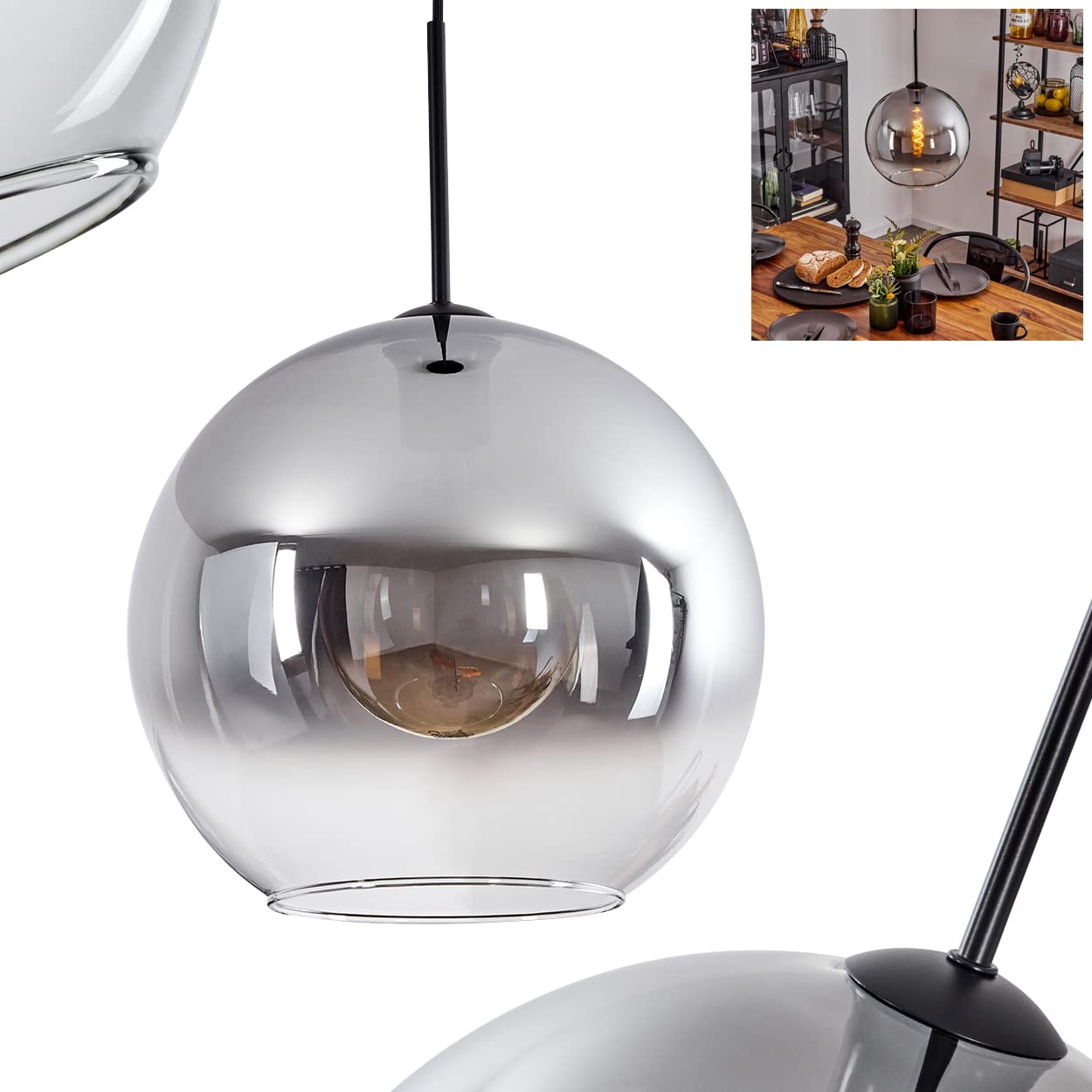 Hofstein Clear, Smoke-Coloured Koyoto Hanging Light, Hanging Light Made Of Metal/Glass In Black/Smoke/Clear, 1-Flame Lamp In Vintage/Retro Design With Glass Lampshade (Ø 30 Cm), Height Max. 152 Cm, 1 X E27, Without Bulb