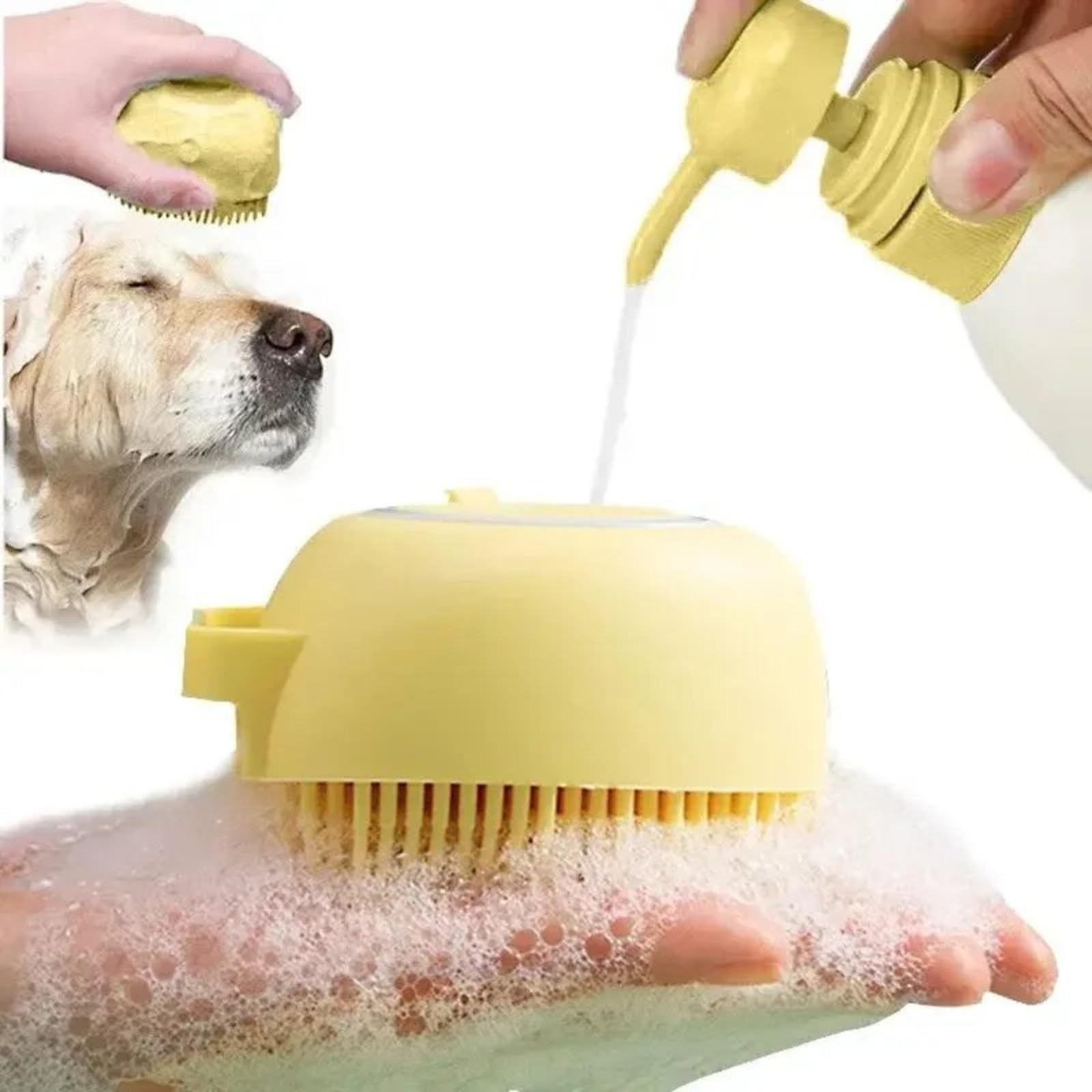 Cepillo de baño para perros y gatos, cepillo de silicona para perros, cepillo de masaje para cachorros, cepillo de champú para mascotas, dispensador de champú (yellow)