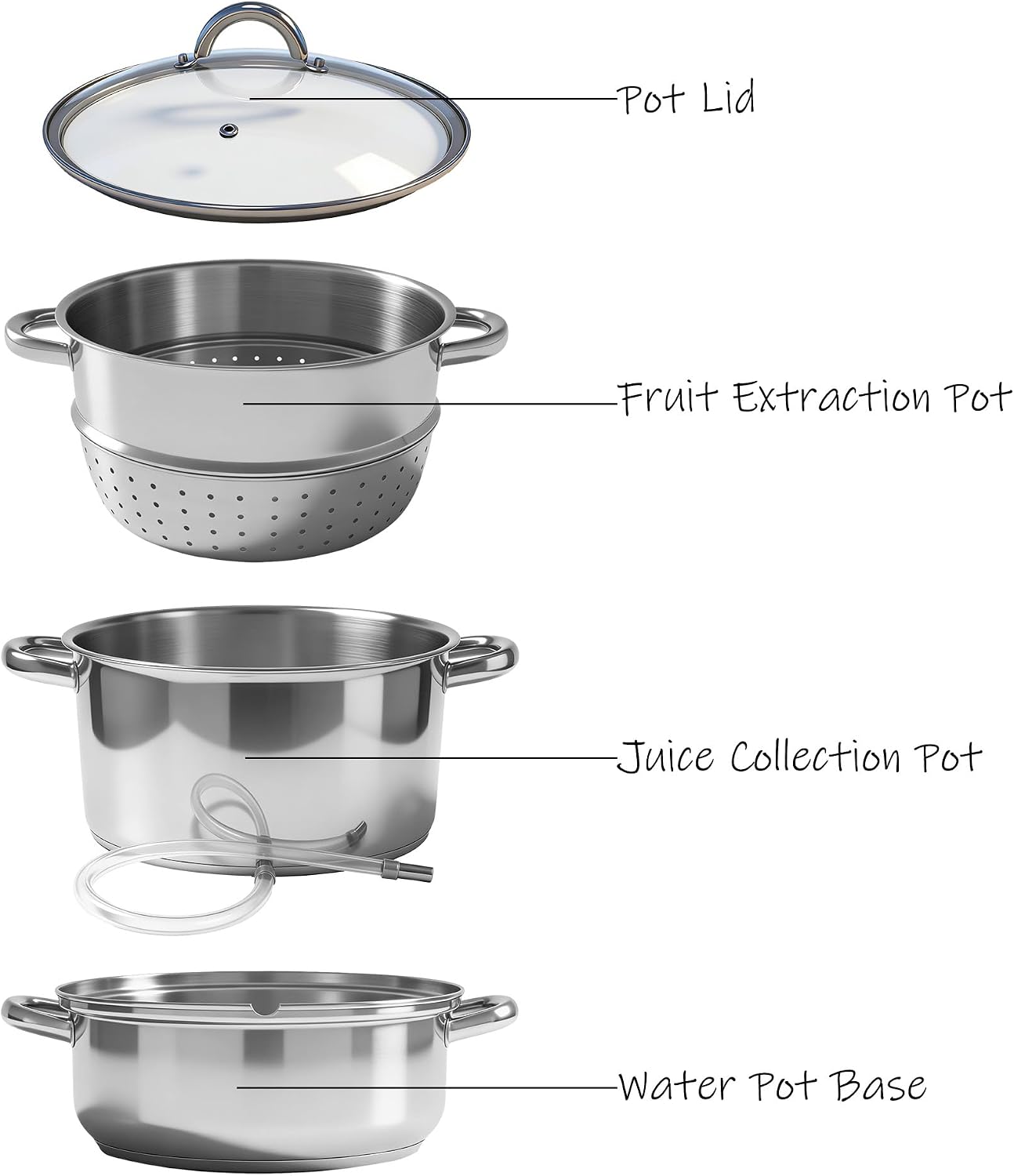 10 PCS Stainless Steel Induction Steam Juicer for Fruit & Vegetable Juice Extractor Family Size with Glass Lid, 2 Hoses, Clamp & Loop Handles, One Pair Silicon Gloves and Tube Brush