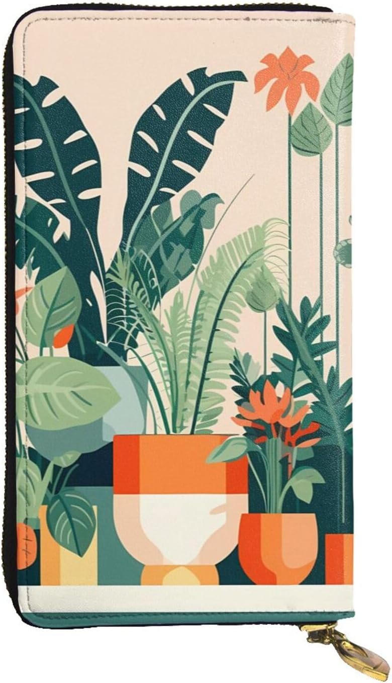 Cartoon small green plant Women's wallet, clutch wallet, with zipper, large capacity.