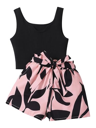 NEW 6-14 Years Seechosle Girls 2 Piece Outfits Ribbed Tank Top and Paperbag Shorts Set with Pockets