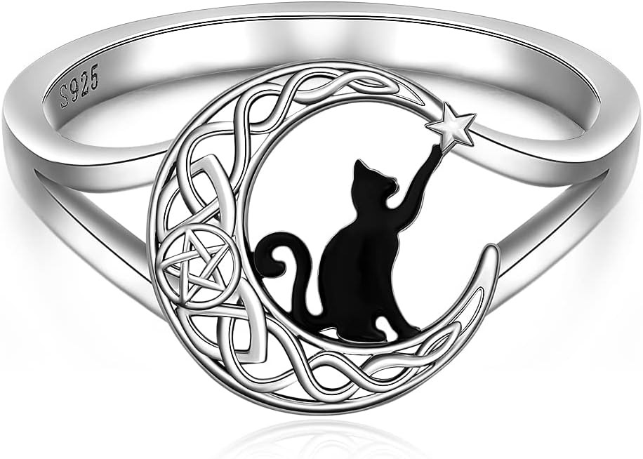 Sterling Silver Black Cat Ring Celtic Knot Crescent Moon Cat Matching Thumb Rings for Women Cute Kitty Animal Pentagram Pentacle Halloween Cats Lover Gifts Size 6-10