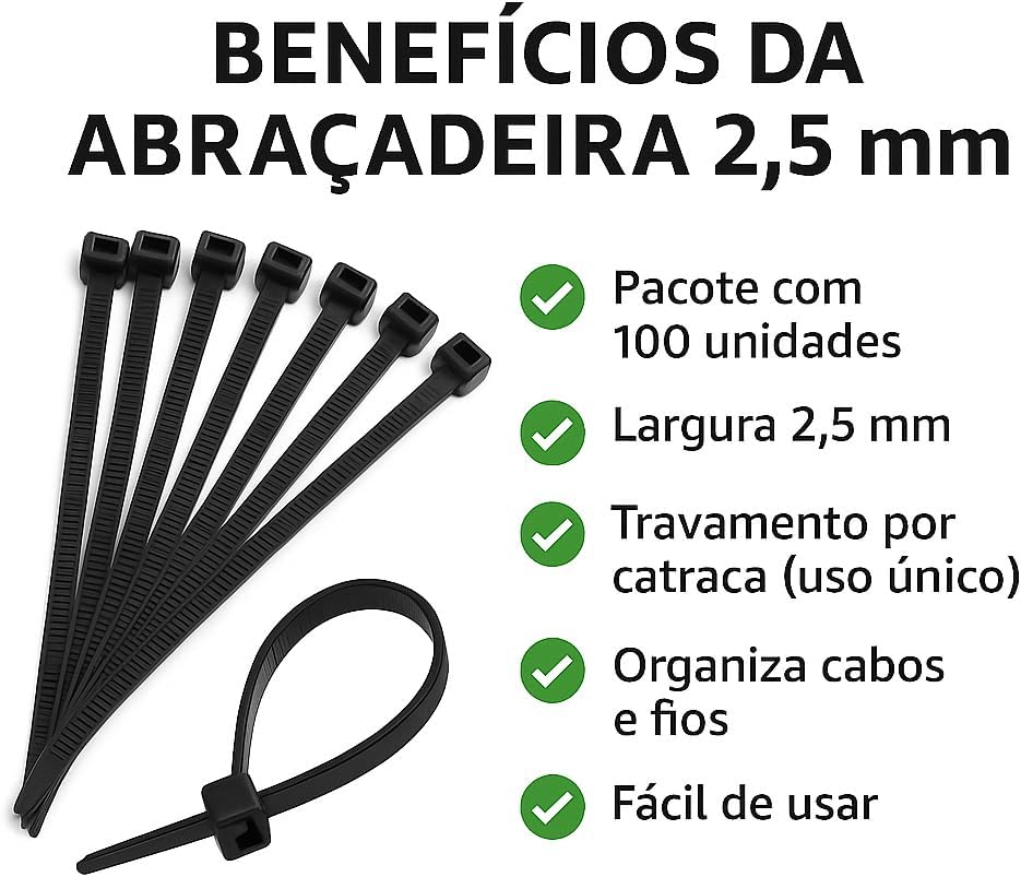 Kit com 100 Unidades Abraçadeira de Nylon 2,5 × 100 mm Preta Trava por Catraca para Organização de Cabos e Objetos