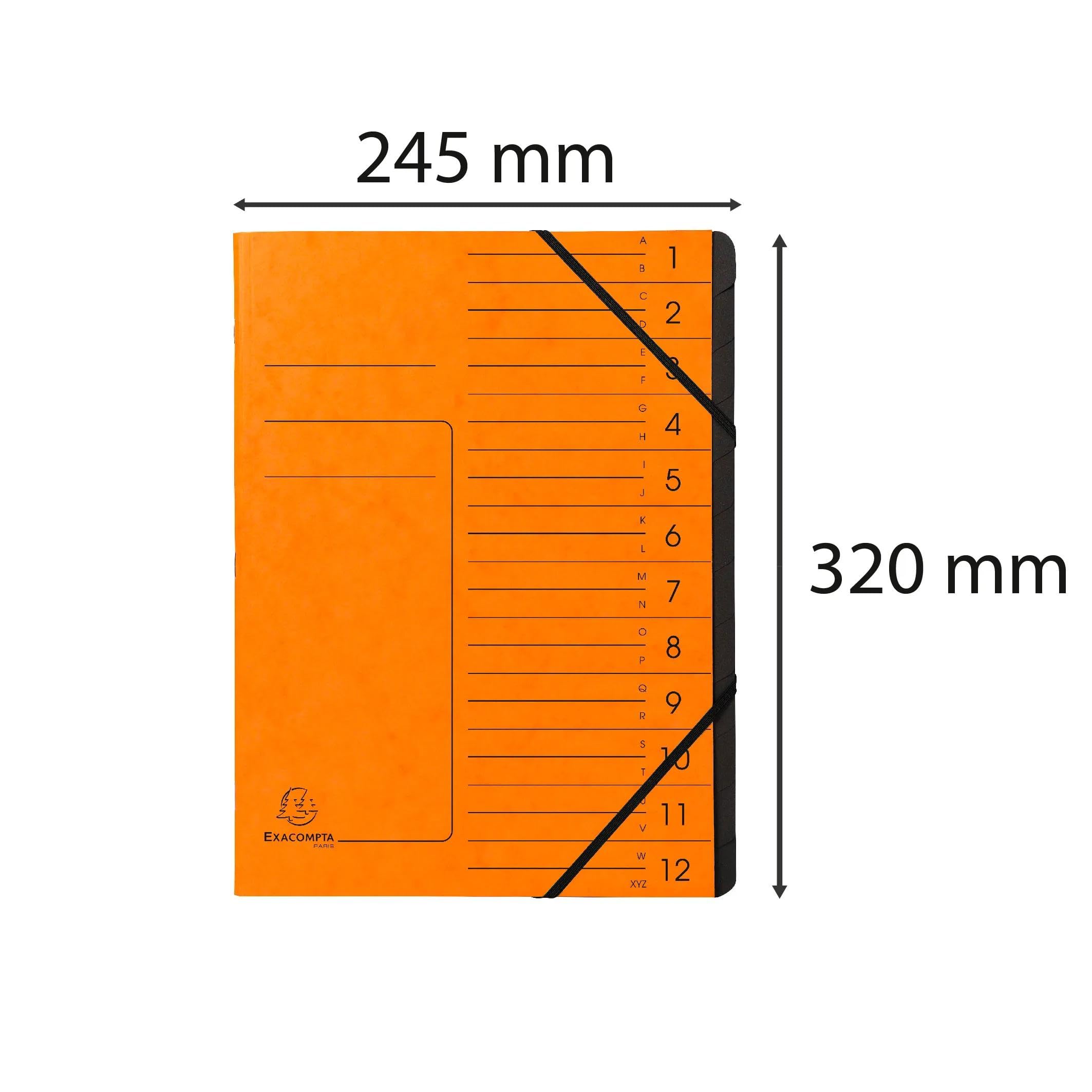 Exacompta - Ref. 541204E – Caja de 10 clasificadores, con gomas – cubierta impresa en tarjeta brillante e interior en tarjeta reciclada negra – 12 compartimentos – 24,5 x 32 cm – A4 – naranja