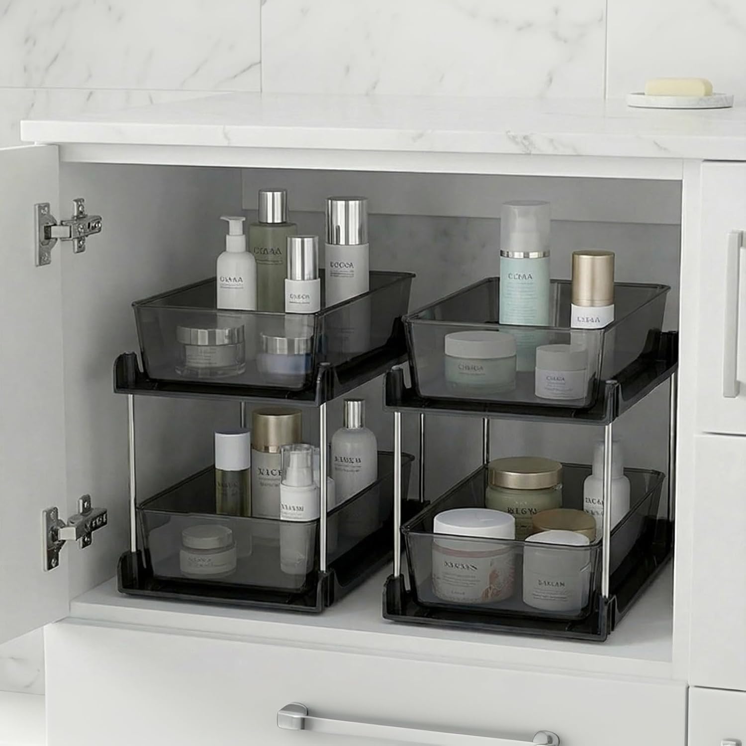 2 Pack Bathroom Organizer,2 Tier Clear Under Sink Organizers Vanity Countertop Storage Container,Cabinet Drawers Bins, Pull-Out Organization with Track for Pantry, Kitchen