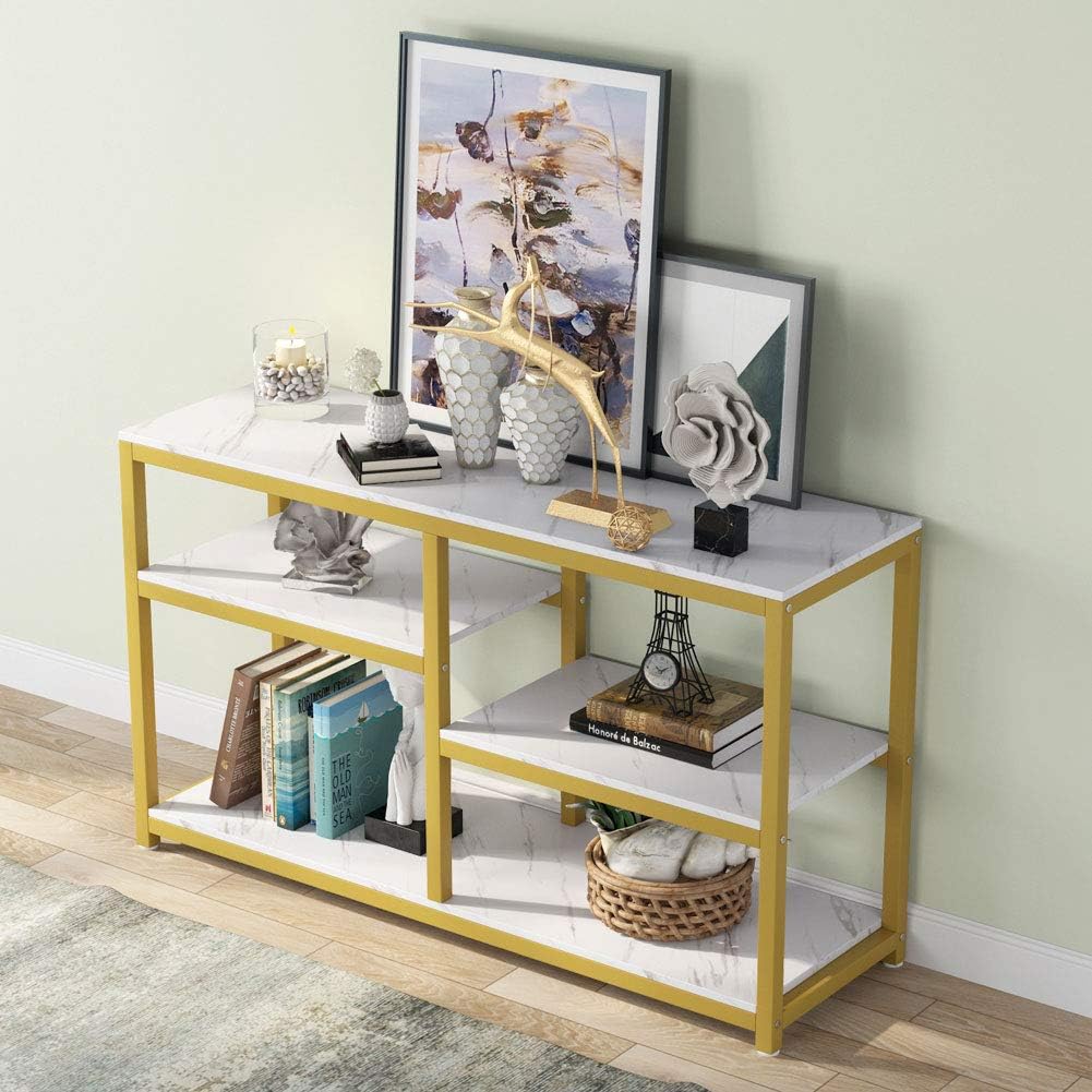 Tribesigns 47 Inch Golden Console Table, 4-Tier Vintage Sofa Entryway Table TV Stand with Net Storage Shelves for Living Room (Gold&Whie)