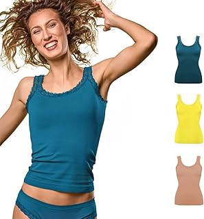 Camiseta de tirantes para mujer de microfibra con detalles de encaje, ropa interior sin costuras, multipack de 3 piezas en varios colores, fabricada en Italia