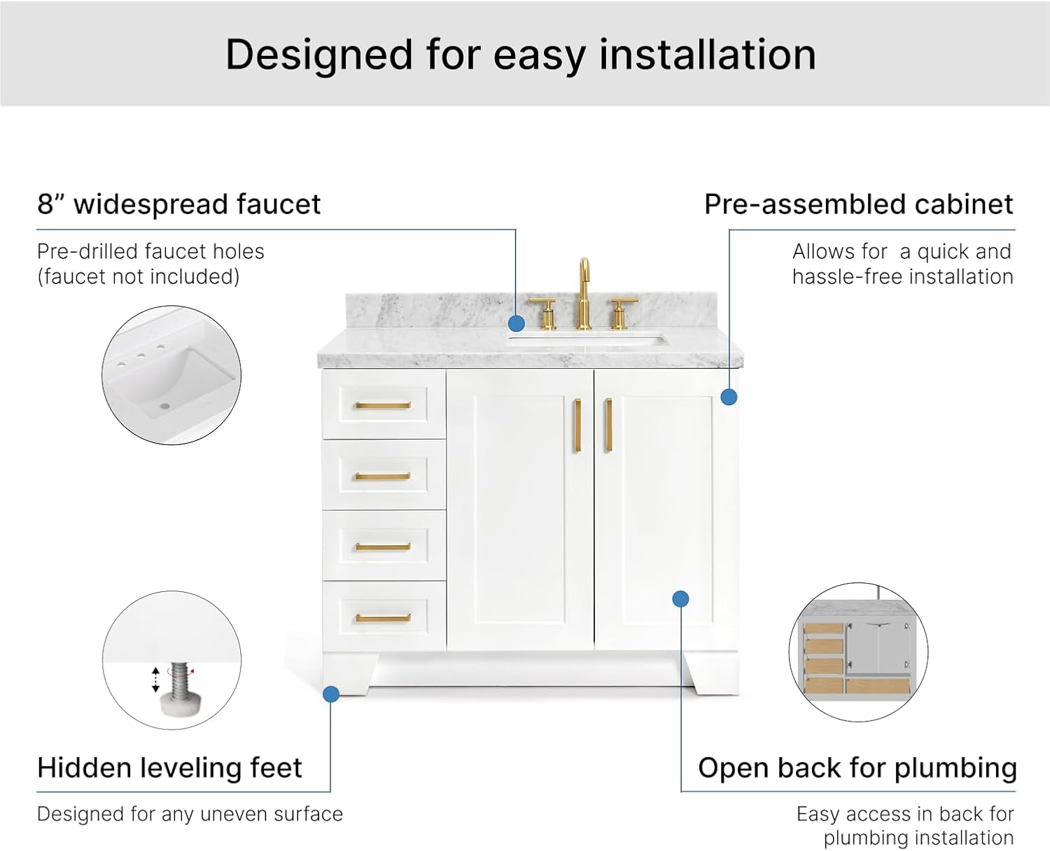 ARIEL Taylor 42-inch Bathroom Vanity with Sink,Solid Wood, 1.5-inch Italian Carrara Marble Countertop, Single Rectangular Porcelain Sink, 2 Soft Closing Doors, 5 Dovetail Drawers, White