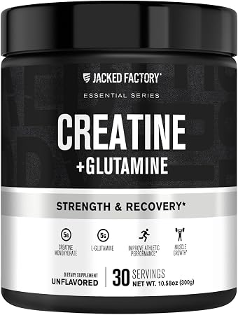 Jacked Factory Creatine + Glutamine - Creatine Supplement with L-Glutamine for Muscle Recovery, Muscle Growth, Increased Strength, Enhanced Energy Output, and Gut Health - 30 Servings, Unflavored