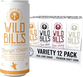 Wild Bill's 4 Flavor Craft Soda Soft Drinks Variety Pack, Root Beer, Black Cherry, Orange + Vanilla Sodas, Pure Cane Sugar, Caffeine Free, NO High Fructose Corn Syrup, Gluten Free Vegan, 12 Oz 12 Pack