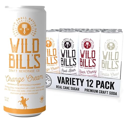Wild Bill's 4 Flavor Craft Soda Soft Drinks Variety Pack, Root Beer, Black Cherry, Orange + Vanilla Sodas, Pure Cane Sugar, Caffeine Free, NO High Fructose Corn Syrup, Gluten Free Vegan, 12 Oz 12 Pack - Best Seller Variety