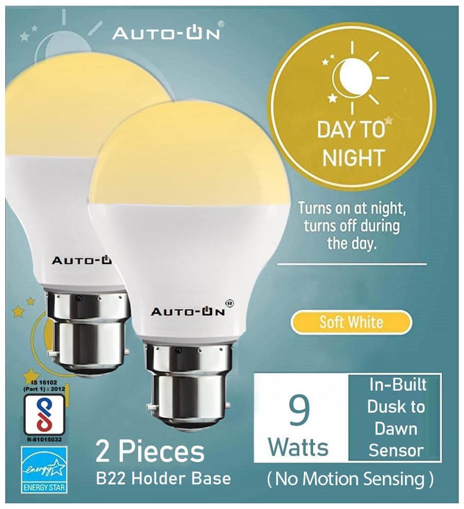 Image of Auto-ON Day /Night Sensor LED Bulb (9W) (Always ON During Night, Auto-Off During Day) (Yellow Light Color) (One Year Warranty) (Yellow Pack Of 2, B22)