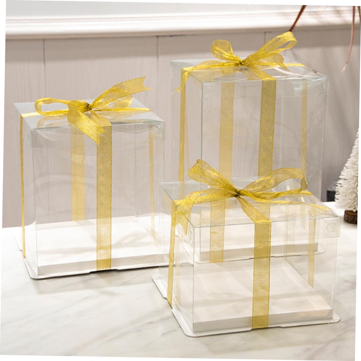 FAVOMOTO 5pcs 8-inch Square Cake Boxes with Ribbon Food Packaging Cake Carriers Double-layer 26x26x25cm Birthday Storage Containers for Bakery and Packaging