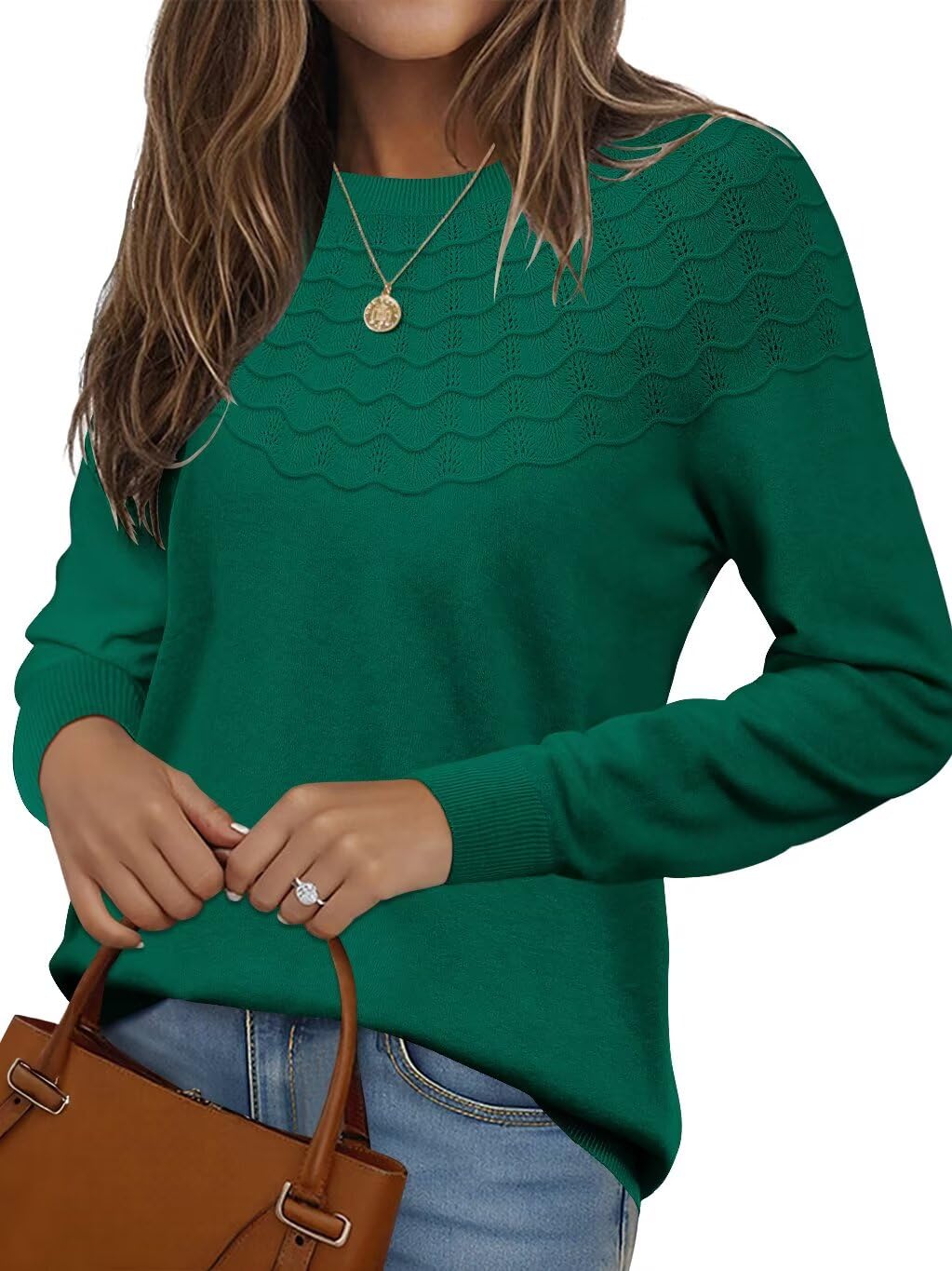 FEKOAFE Womens Crew Neck Sweater 2025 Fashion Fall Basic Fine Knit Pullover Lightweight Sweaters