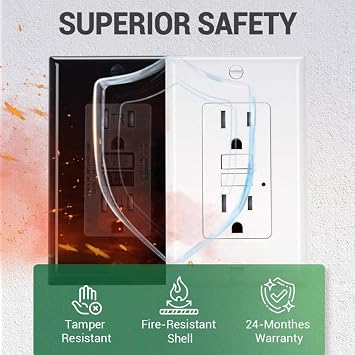 GFCI Outlet 15 Amp, Self-Test GFI Electrical Outlet, Tamper GFCI Receptacle with Wall Plate Black