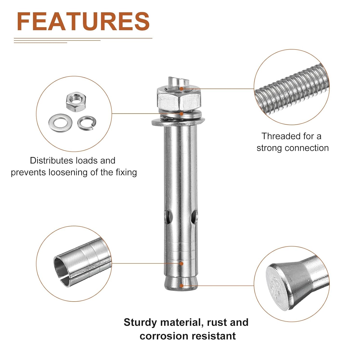 DTGN M10 x 80 Hex Expansion Bolts - 15Pack - Good for Concrete Dry Brick Block Walls - 304 Stainless Steel - Silver