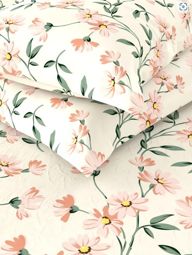 Image of Cotton King Size Elastic Fitted Double Bedsheet (72x78x6 in) with 2 Pillow Covers (Cream Flower)