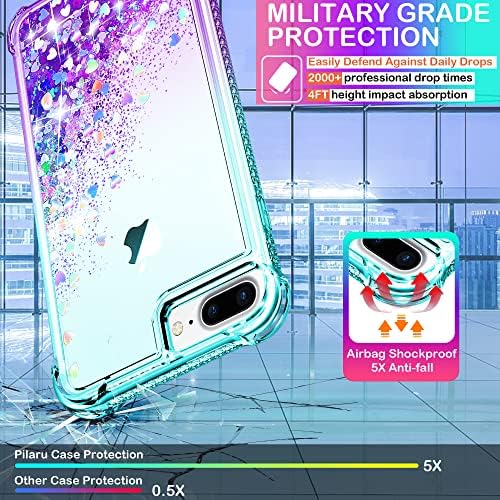For iPhone 8 Plus/7 Plus Case, iPhone 6s Plus/6 Plus Case with Screen Protector, Clear Liquid Heart Glitter Cover Soft TPU Cover Transparent Girly Phone Case for iPhone 8 Plus,Teal/Purple