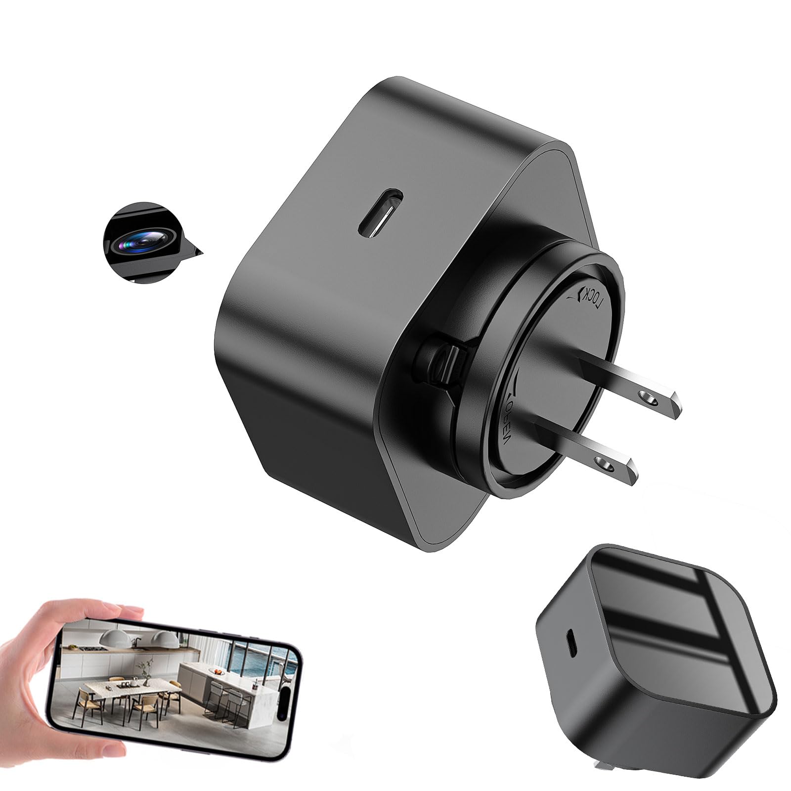 LIZVIE USB-C Charger 170° Wide Angle 1080P HD Charger Camera with Motion Detection, App Remote Control and 24/7 continuou.