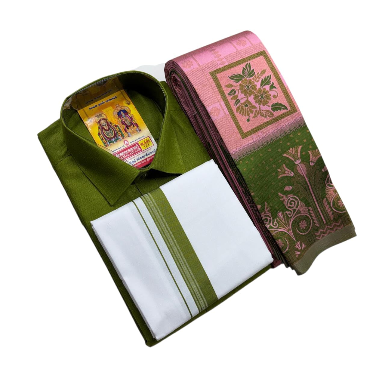 Vesti Shirt and Kubera Pattu Saree Combo, Green and Pink, Cotton, Traditional Ethnic Wear Set-image-16