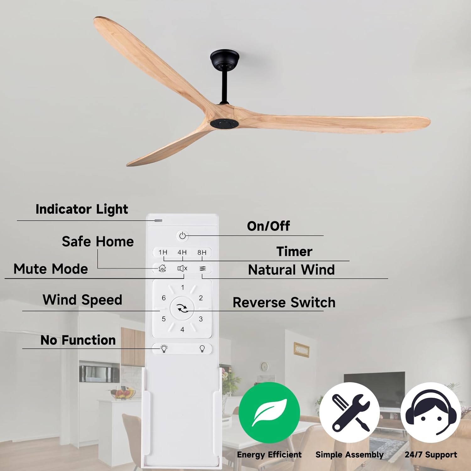 Large Ceiling Fan No Light, 88 Inch Modern Solid Wood Ceiling Fan with Remote, Quiet DC Motor, Flush Mount Low Profile Indoor or Covered Patio Ceiling Fan for Bedroom Living Room, Natrual Wood