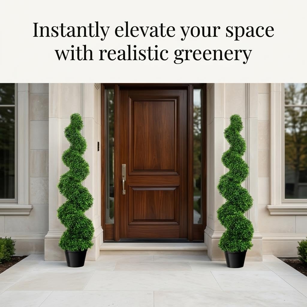 Faux Topiary Trees, 2 Pack Spiral Boxwood Shrub with Rust-Resistant Frame, 38.2 Inch Pre-Assembled Artificial Greenery for Indoor Home Decor with Included Black Planters