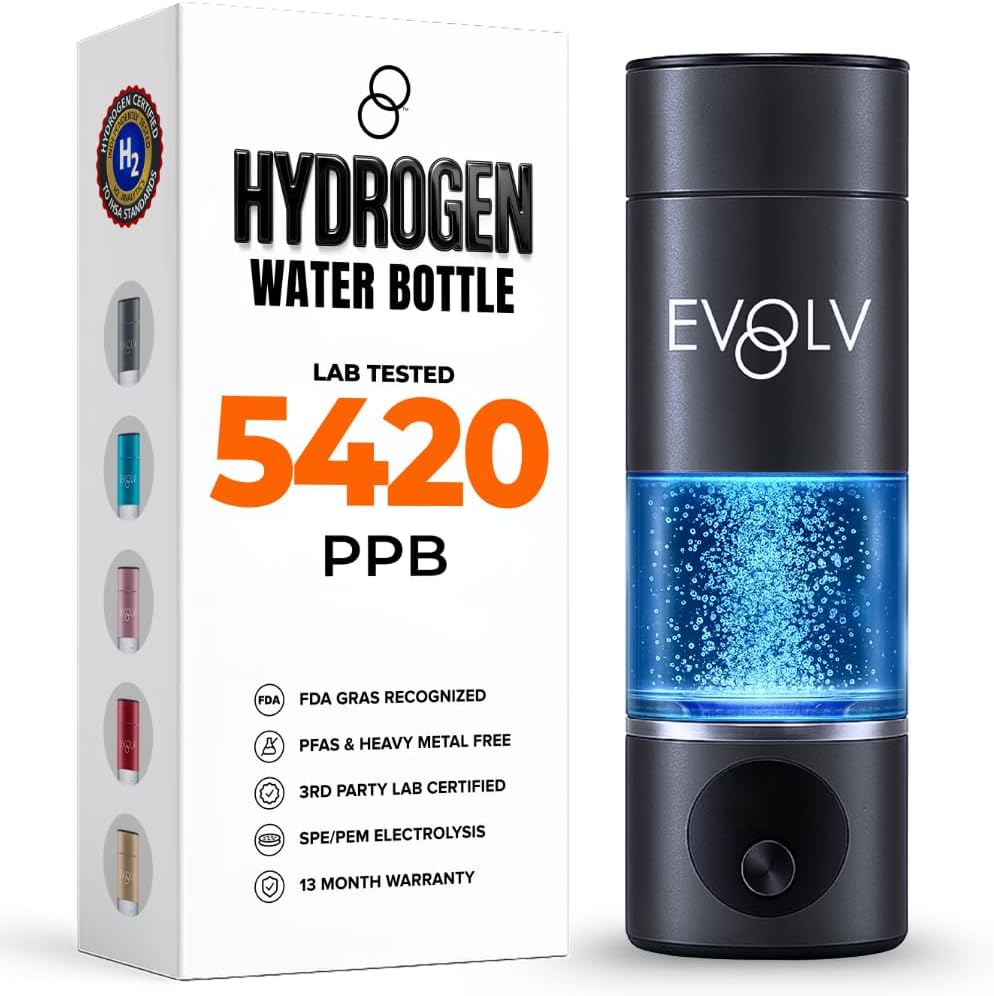 EVOLV Hydrogen Water Bottle, Water Ionizer, Leak Proof Design, Black | SPE & PEM Water Ionizer 5PPM, Highest Concentrated Dose, Water Bottle for Energy, Recovery, And Everyday Wellness, 8oz Bottle