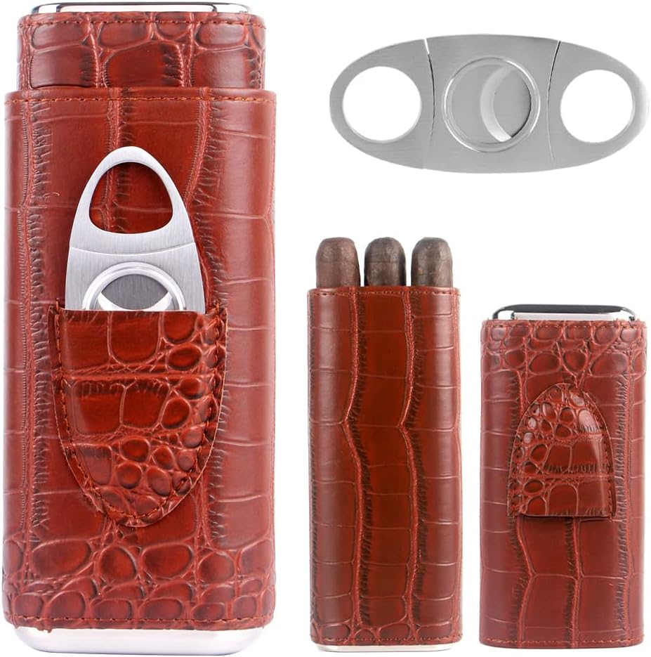 KEENSUN Cigar Case- 3 Finger Leather Travel Cedar Wood Lined Cigar Humidor with Silver Stainless Cigar Cutter, Great Gift for Men