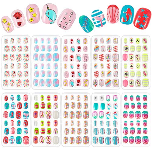 240 Pieces 10 Packs Mermaid Beach Children Nails Press on Pre-glue Children Artificial Fake Nails Full Cover Glitter Gradient Color Nail Short Cute False Nail for Kids Little Girls Nail Decoration