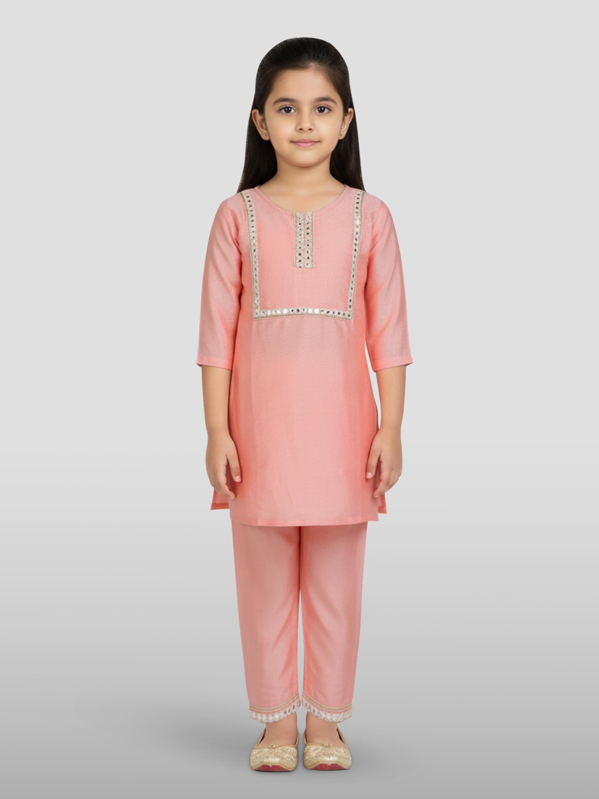VASTRAMAY Conjunto Kurta y pantalón de trabajo de viscosa para niña | Conjunto Kurta y pantalón de trabajo de viscosa – Diseño tradicional – Ideal para bodas, festivales y ocasiones