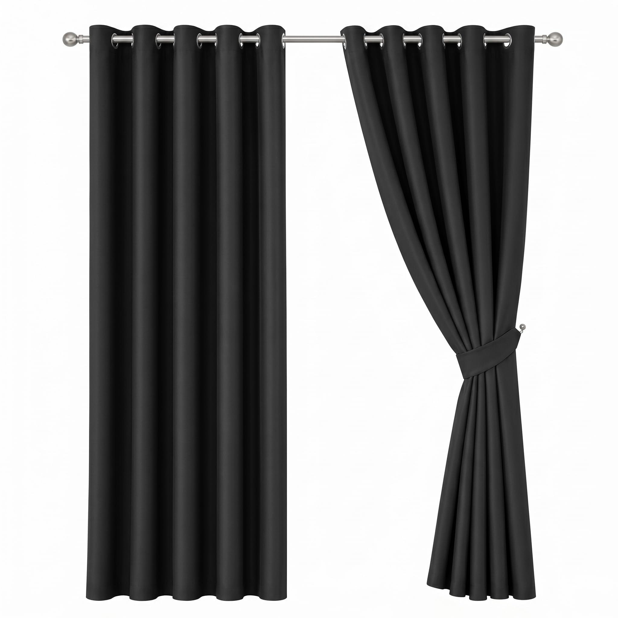 Oxford Homeware Blackout Curtains for Bedroom 66x90 Inch Black Eyelet Curtains for Bedroom Privacy Protection Thermal Curtains 2 Panels with Matching Tiebacks