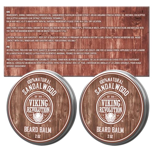 Image of Viking Revolution Beard Balm - Sandalwood - 2 oz, 2 Pack | Deeply Softens Coarse Hair - Packed with Rich Argan Oil - Locks in Moisture & Eliminates Flakes for a Cleaner Beard
