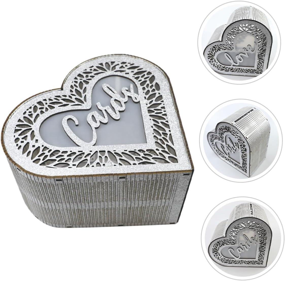 Homoyoyo Wooden Greeting Cards Box Heart-shaped Hollow Glitter Card Storage Box Envelope Money Holder for Wedding Anniversary Party Decorations