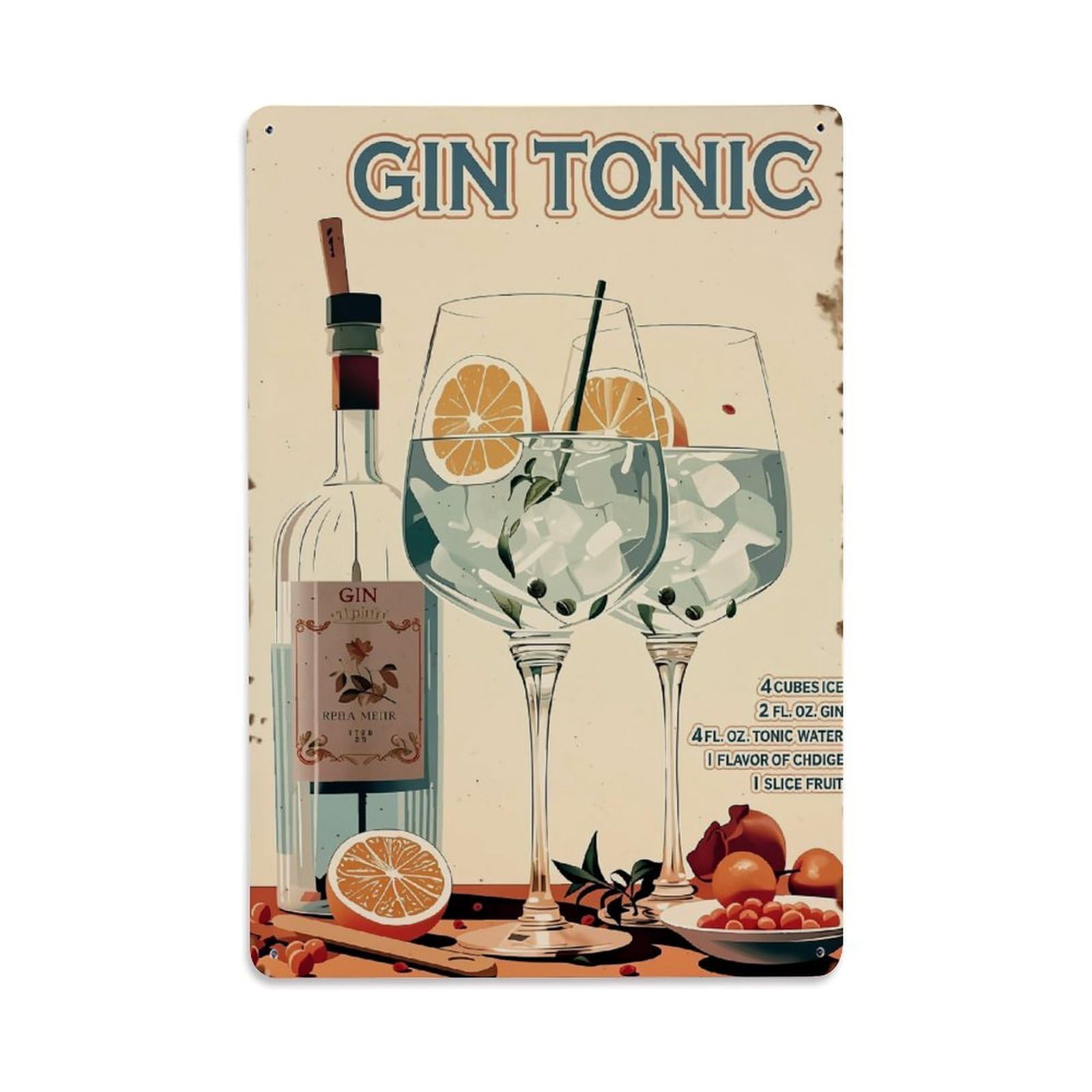 Jdfenggu Vintage Gin Tonic Glass Bottle Orange Retro Metal Tin Sign, Decor Art Poster For Bar, Home, Man Cave, Kitchen, Laundry Room Gift 8X12inch